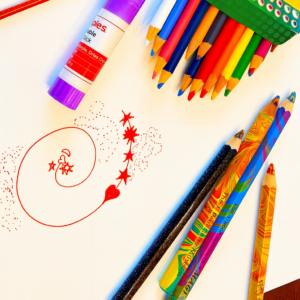a workboard with a doodle of a spiral with stars and hearts surrounded by rows of colored art pencils